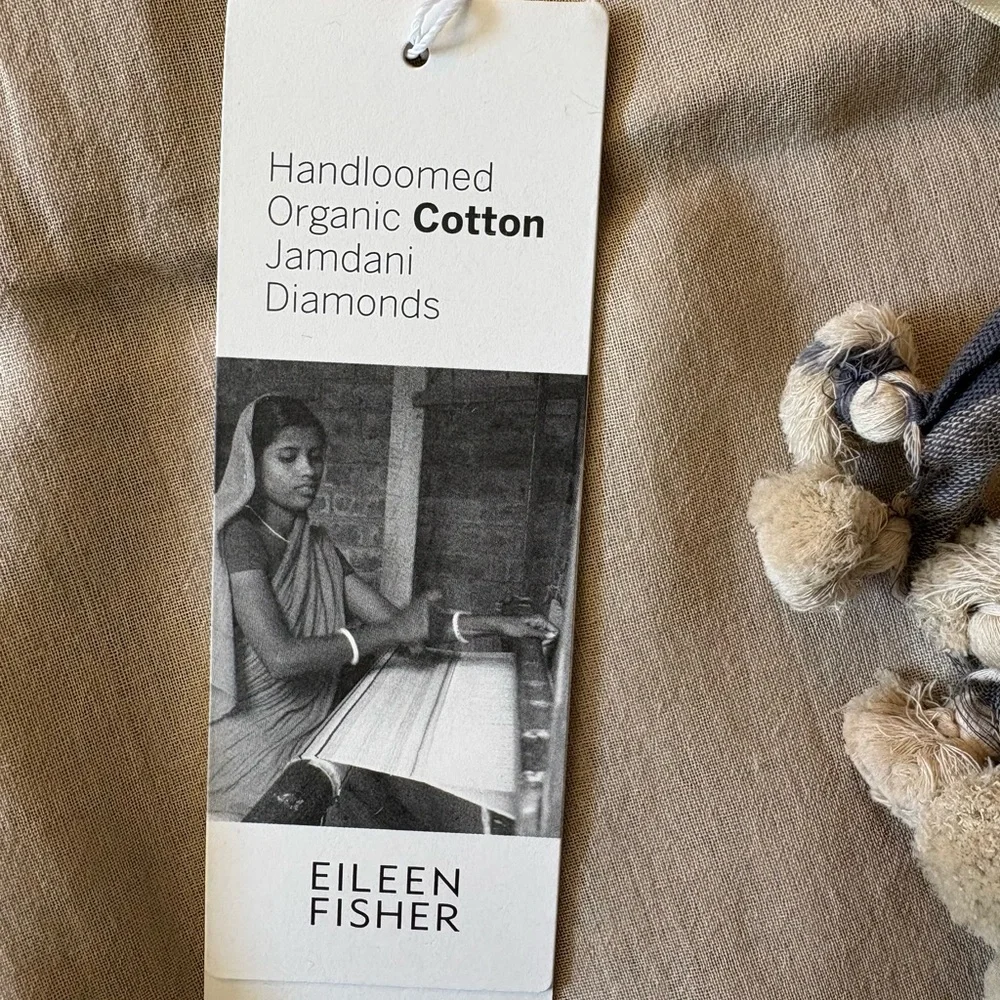 Eileen Fisher NWT Beige and Gray Cotton Scarf with Embroidered Accents - Picture 4 of 9